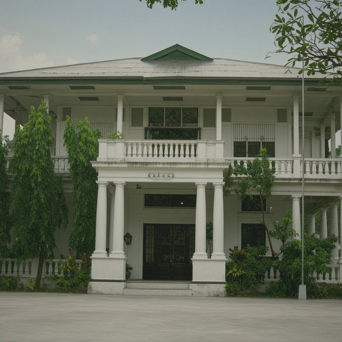 The Pickett Mansion, a white two-storey house with a columned portico and balustraded terraces.
